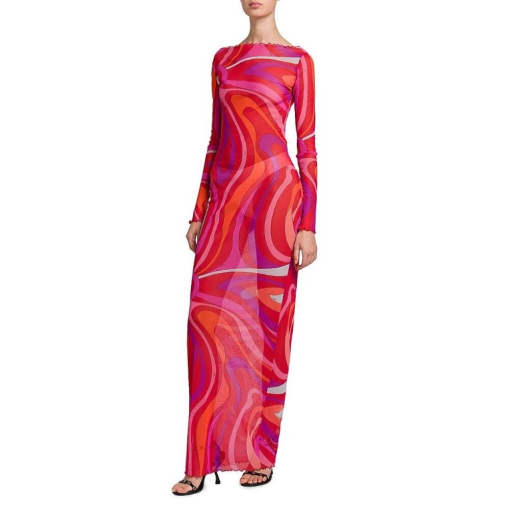 Pucci pink vortex see-through fitted long dress